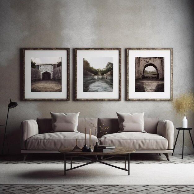 Three framed pictures hang on a wall with a picture of a bridge in the middle.