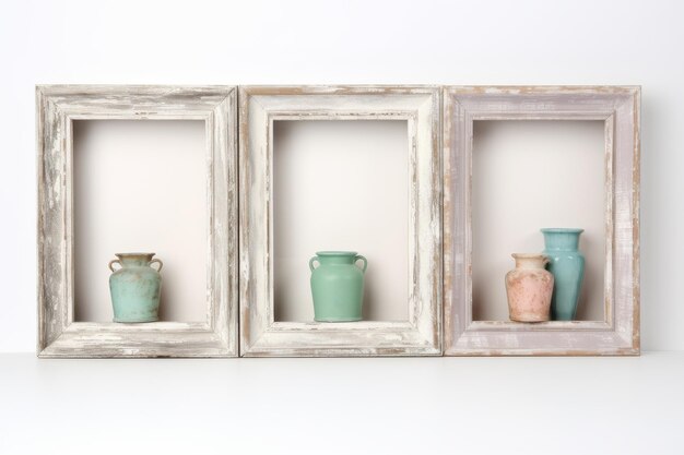 Photo three framed vases on shelf on a white or clear surface png transparent background