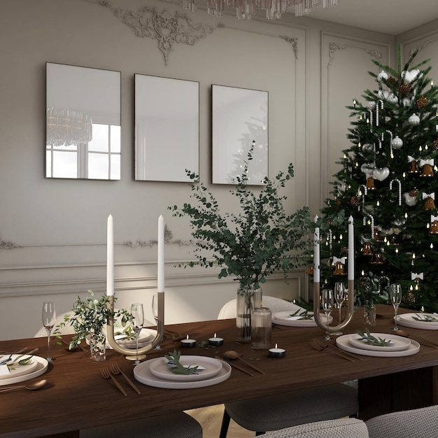 Photo three frames on wall in christmas decor dining room 3 white canvas mockup xmas interior design 3d