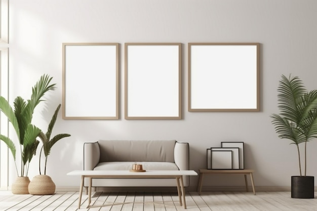 Three frames on a wall with a plant on the right side.