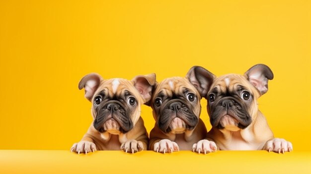 Three french bulldogs in a row on a yellow background