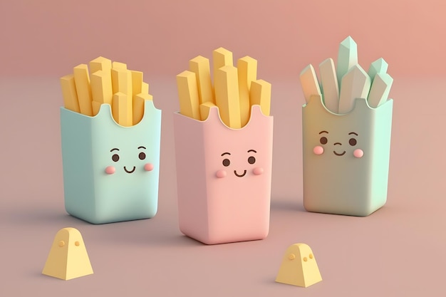 Three french fries are in a row with faces and faces.