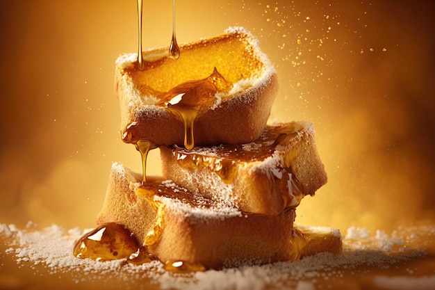 Three French toast dipping in honey Image generated with AI