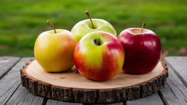 Three fresh apples on wooden piece