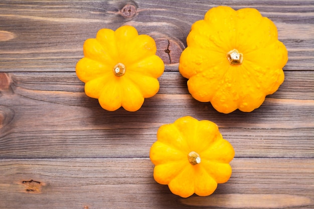 Three fresh bush pumpkin on wooden . copyspace