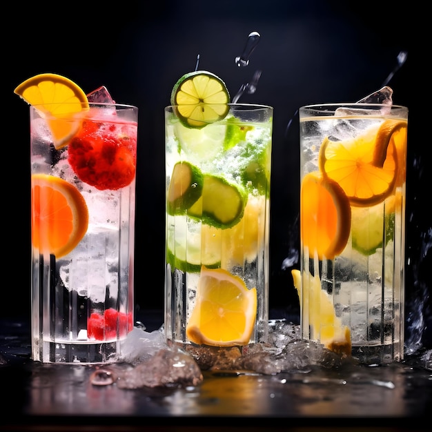 Three fresh cocktails with ice lemon