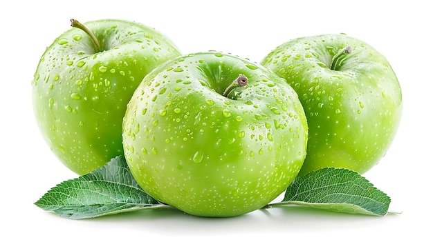 Three fresh green apples with water drops on white background