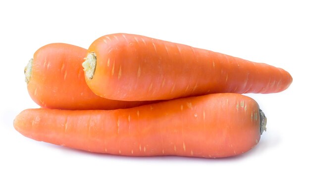 Three fresh orange carrots isolated on white background with clipping path Close up of healthy vegetable root with full focus