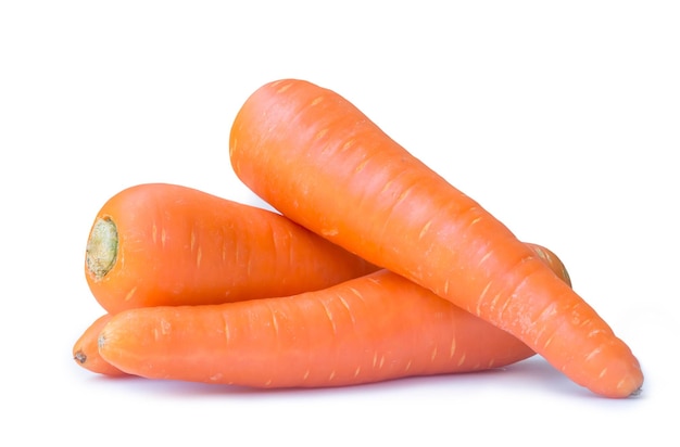 Three fresh orange carrots isolated on white background with clipping path Close up of healthy vegetable root with full focus