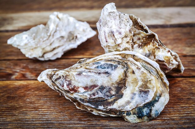 Three fresh oysters on wooden background