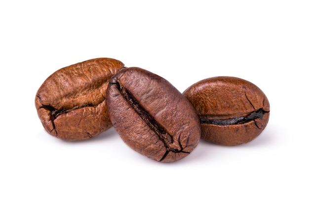 Three fresh roasted dark brown arabica coffee beans