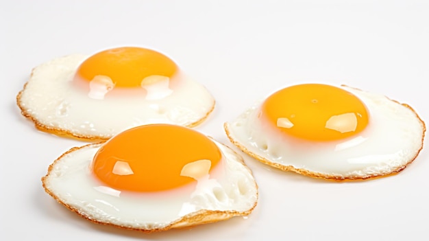 three fried eggs on a white surface