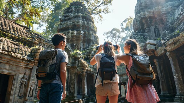 3人の友人が古代の寺院を探検しています 彼らは皆バックパックを背負って 敬畏の念で寺院を眺めています