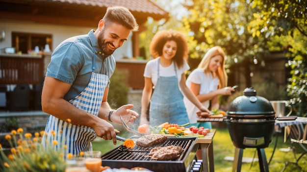 Photo three friends are having a barbecue in the backyard they are grilling steaks vegetables and corn