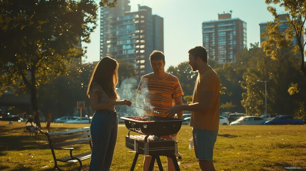 Foto tre amici stanno facendo un barbecue in un parco stanno grigliando carne e verdure su una griglia