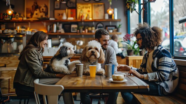 Three friends are sitting at a table in a coffee shop They are all smiling and talking and two of them are holding dogs