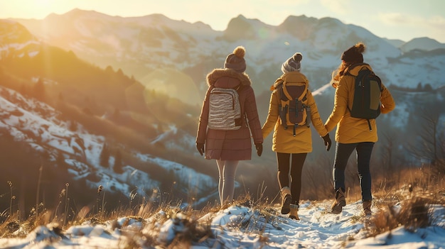 Foto tre amici stanno camminando in montagna indossano vestiti caldi e portano zaini