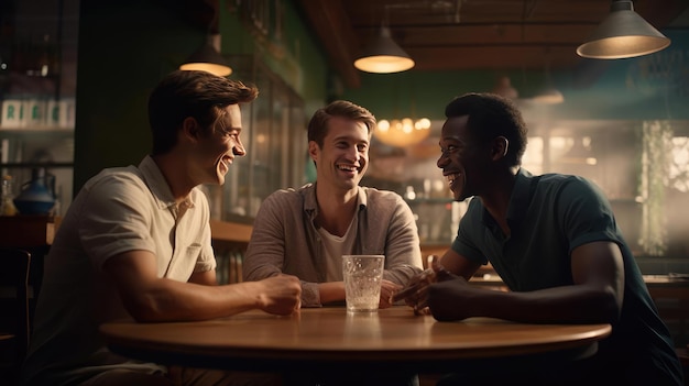 Photo three friends chatting in a cafe smiling