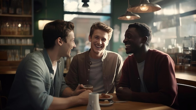 Трое друзей разговаривают в кафе и улыбаются.