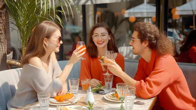 外のカフェで飲み物と食事を楽しんでいる3人の友人