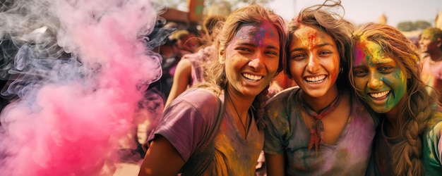 Photo three friends having a colorful time at a festival