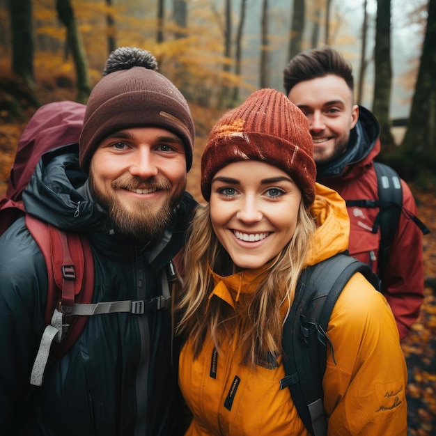 Three friends in hiking gear smiling in an autumn forest