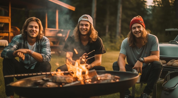 Three friends sitting around a campfire