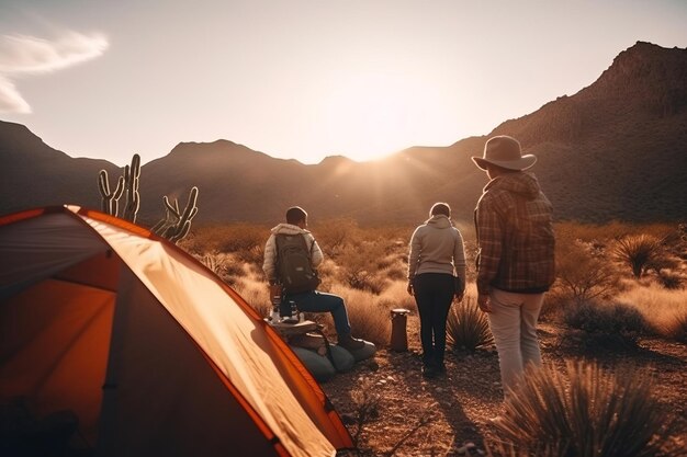 Three friends watching the sunset at their desert camp in the mountains