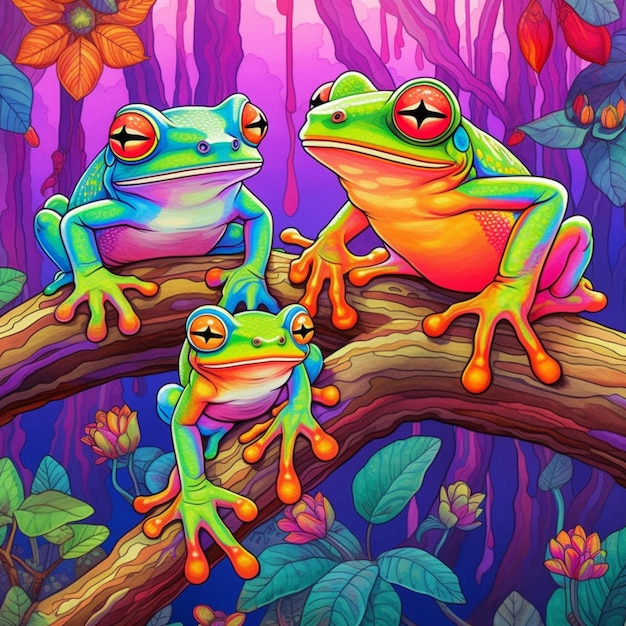 Three frogs sitting on a branch in a colorful forest generative ai