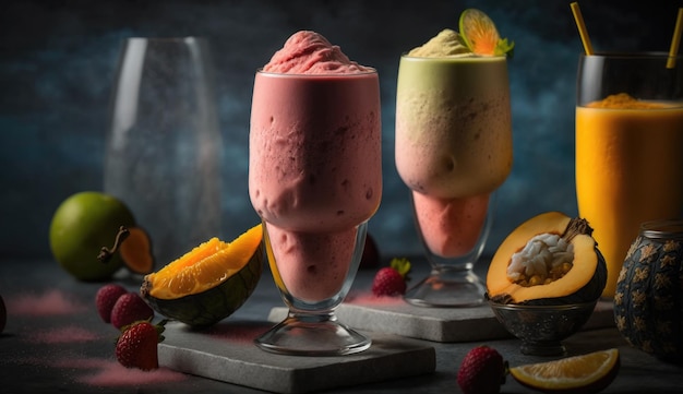 Three frozen smoothies with mango and mango on the table