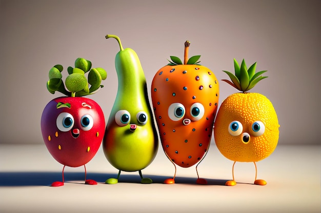 目と目の付いた果物が3つ、顔が描かれている果物が1つあります。