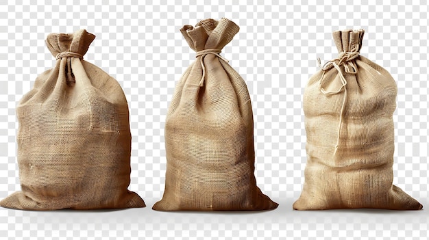 Three full burlap sacks isolated on transparent background