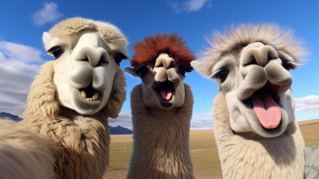 Three funny llamas taking a selfie