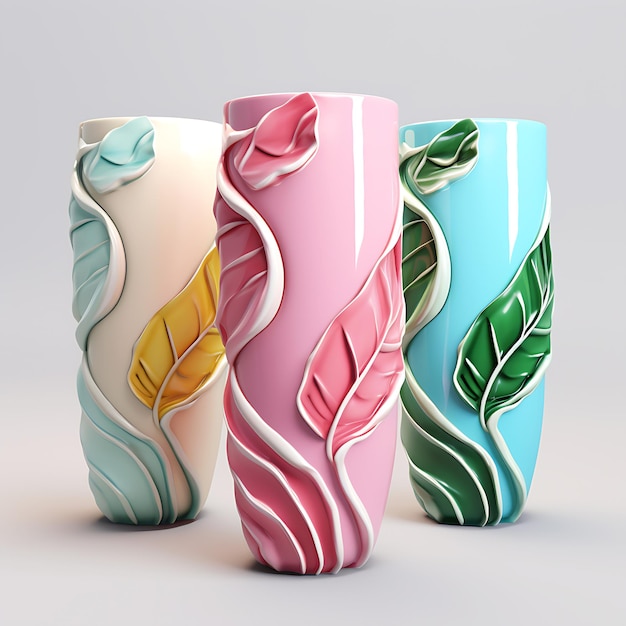 Three fusion tumblers pop light green and sky blue with plants on the outside background