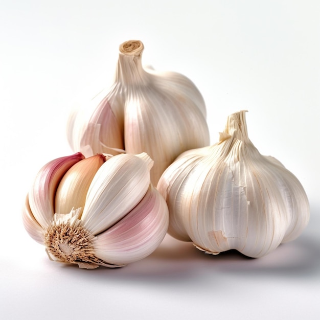 Three garlic bulbs are on a white surface.