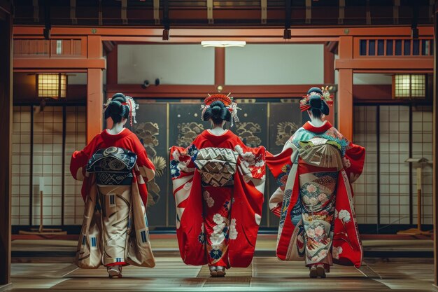 写真 伝統的な日本の衣装を着た3人のゲイシャ