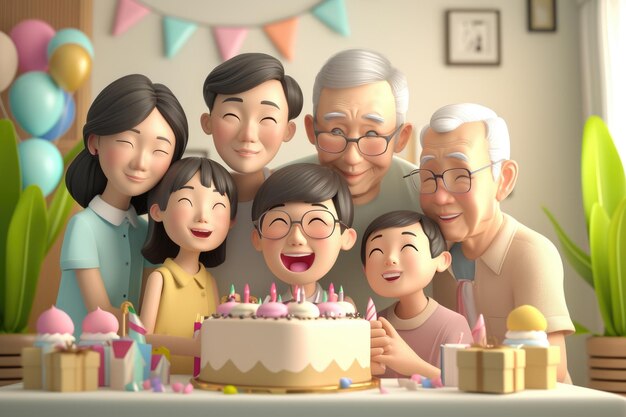 사진 3세대 아시아 가족이 집에서 할아버지의 생일을 축하합니다.
