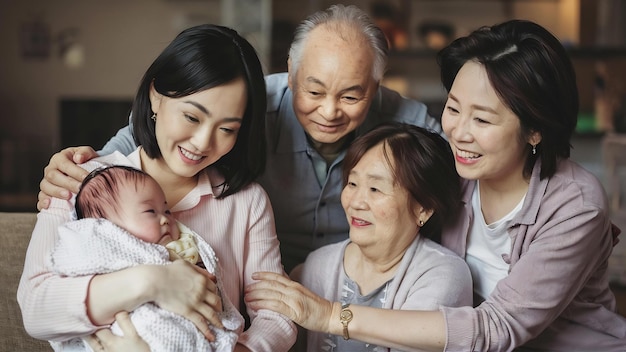 Three generations of asian family