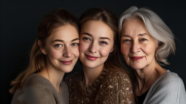 Three generations of women posing for a timeless portrait family bonds captured in studio classic and elegant photography style AI