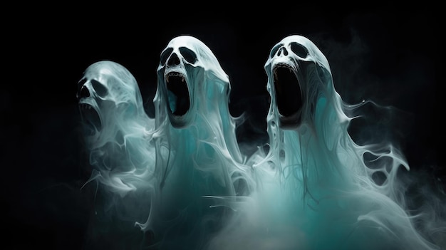 Photo three ghost heads with smoke coming out of them.