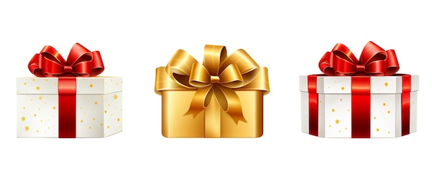 Три подарочных коробки с луками и лентами на белом фоне реалистичные иллюстрационные подарки