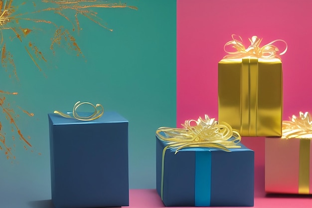 금색 리본이 달린 선물 상자 3개와 '사랑해'라고 적힌 상자 1개
