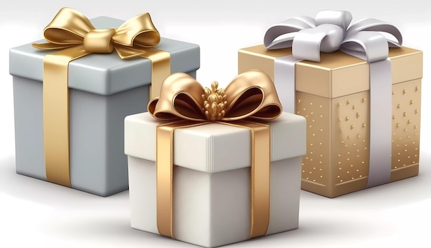 Three gift boxes with gold ribbons and a silver bow.