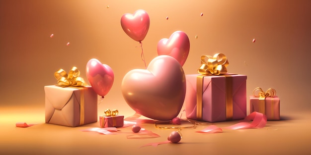 Three gifts and balloons with heart on the ground