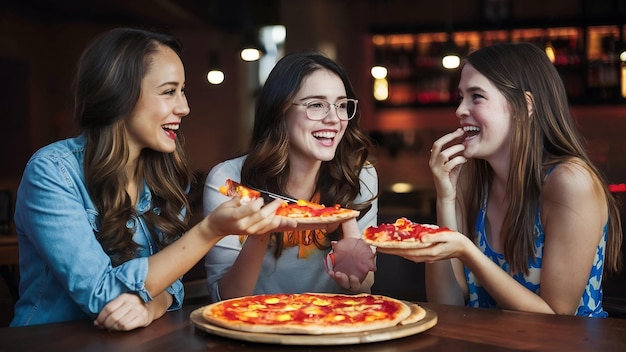 세 명의 여자 친구가 술집에서 피자를 먹고 있습니다.