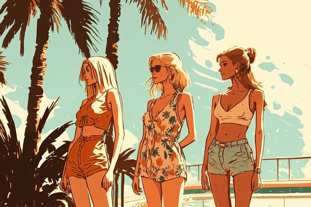 여름휴가에 수영장에서 수영복을 입은 세 여자 친구 소녀