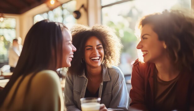 Photo three girlfriends in a cafe talking and laughing march 8 world womens day