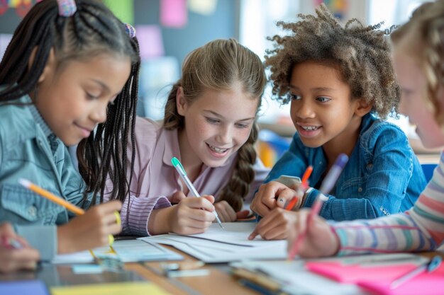 Photo three girls are drawing with markers on a paper