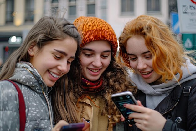 Photo three girls are looking at their phones and one has a scarf around her neck