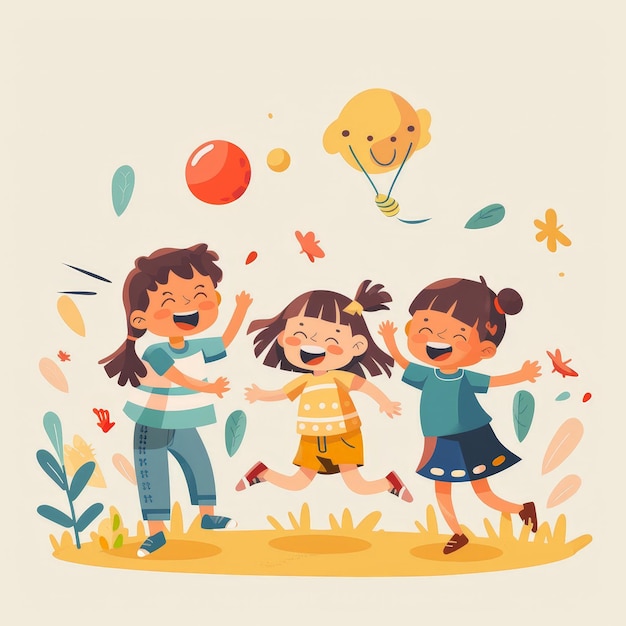 Photo three girls are playing in a field with a red ball and a yellow balloon